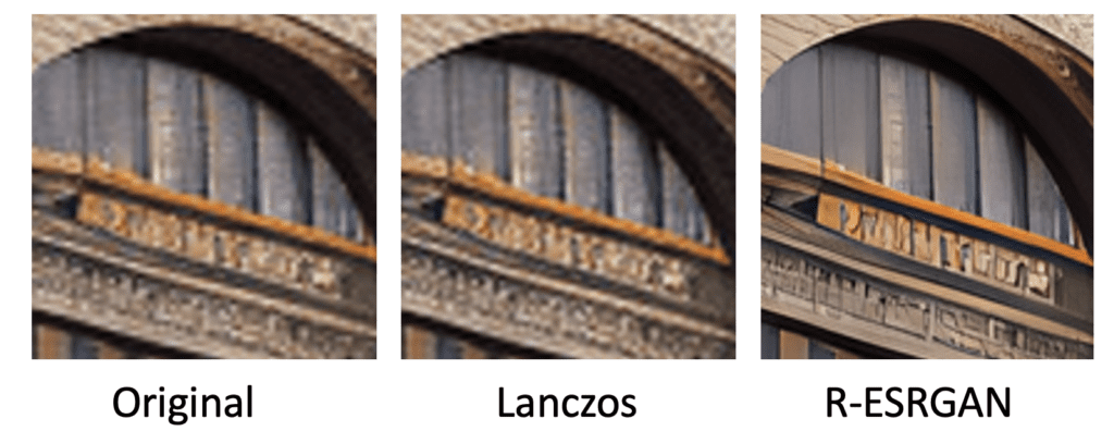 Compare image recovery between Lanczos (traditional upscaler) and R-ESRGAN (AI upscaler)