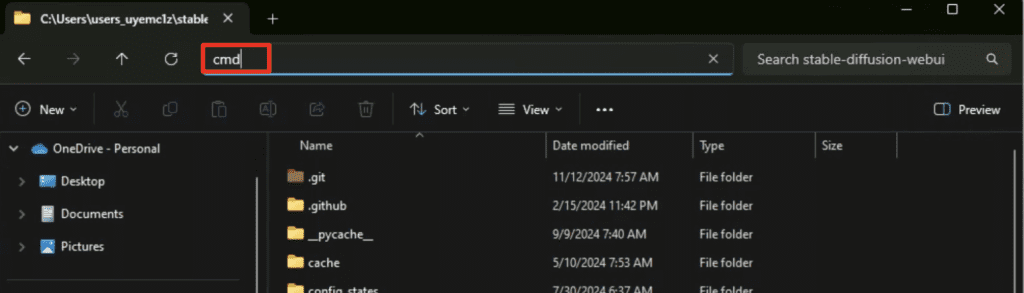 Stable Diffusion webui directory. Type cmd in address bar.