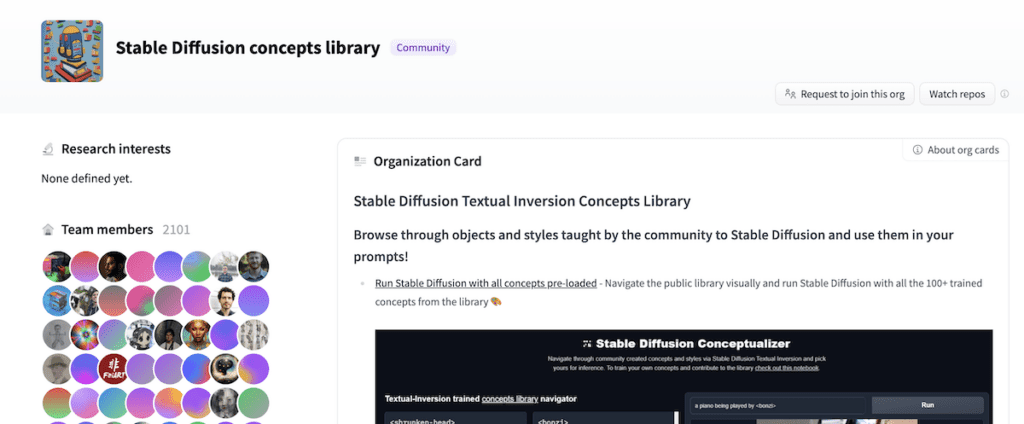 Stable Diffusion concepts library on Hugging Face.