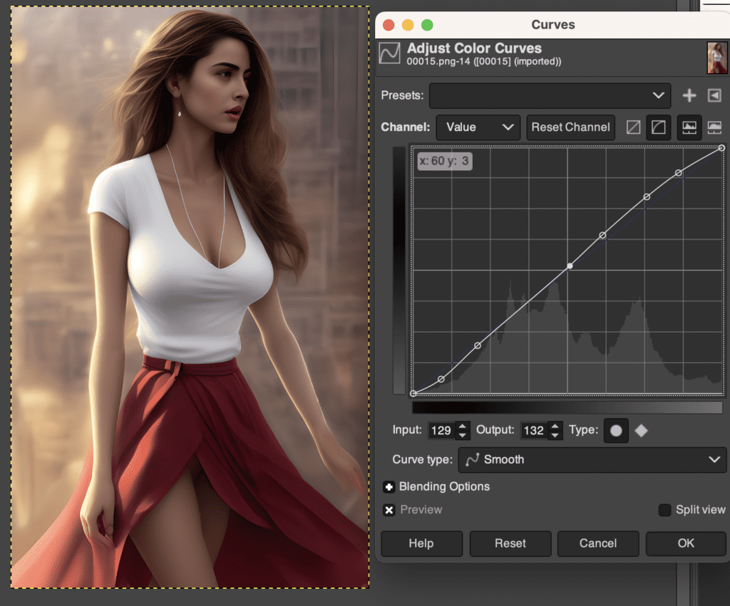 Adjust curves in GIMP for Stable Diffusion workflow.