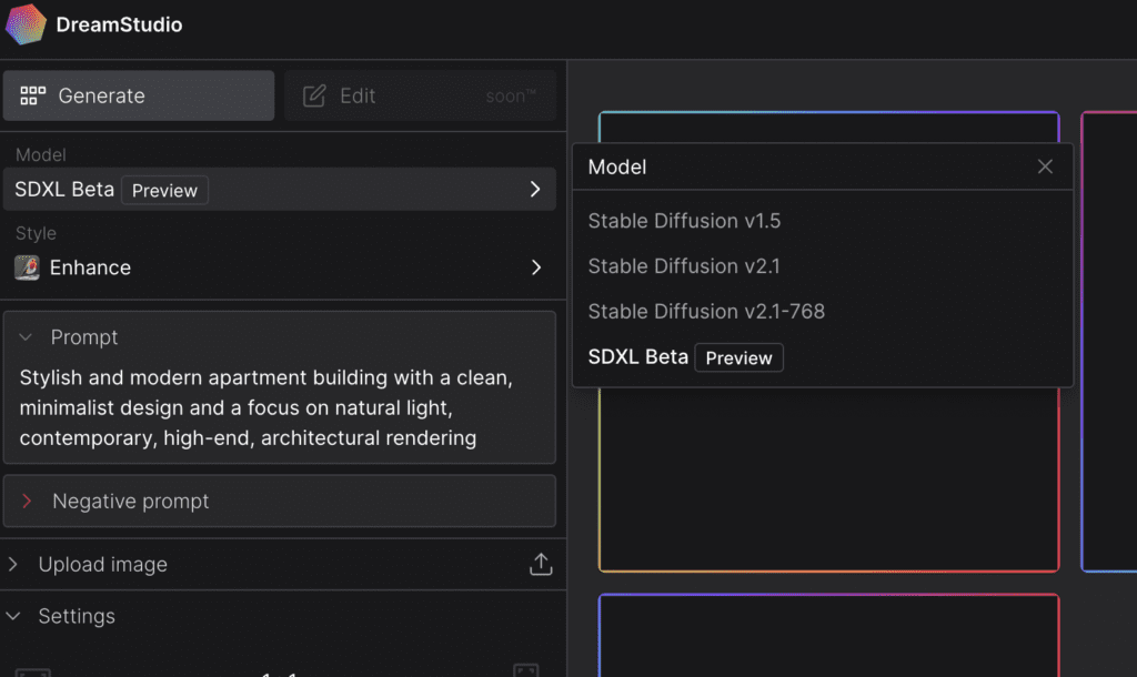 Selecting SDXL model