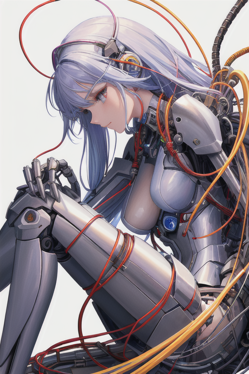 Prompt:
beautiful face, long hair, sci-fi girl, mechanical limbs, (machine made joints:1.2), impressionist, highly detailed, an extremely delicate and beautiful, side view, cinematic light,solo,full body,(blood vessels connected to tubes),(mechanical vertebra attaching to back),((mechanical cervial attaching to neck)),(sitting),expressionless,(wires and cables attaching to neck:1.2),(wires and cables on head:1.2)(character focus),science fiction,white background, extreme detailed,colorful,highest detailed

Negative Prompt:
NSFW,monochrome, zombie,overexposure, watermark,text,bad anatomy, distorted, oversized head, ugly, huge eyes, text, logo,(blurry:2.0), bad-artist, cartoon,Scribbles,Low quality,Low rated,Mediocre,3D rendering,Screenshot,Software,UI,watermark,signature