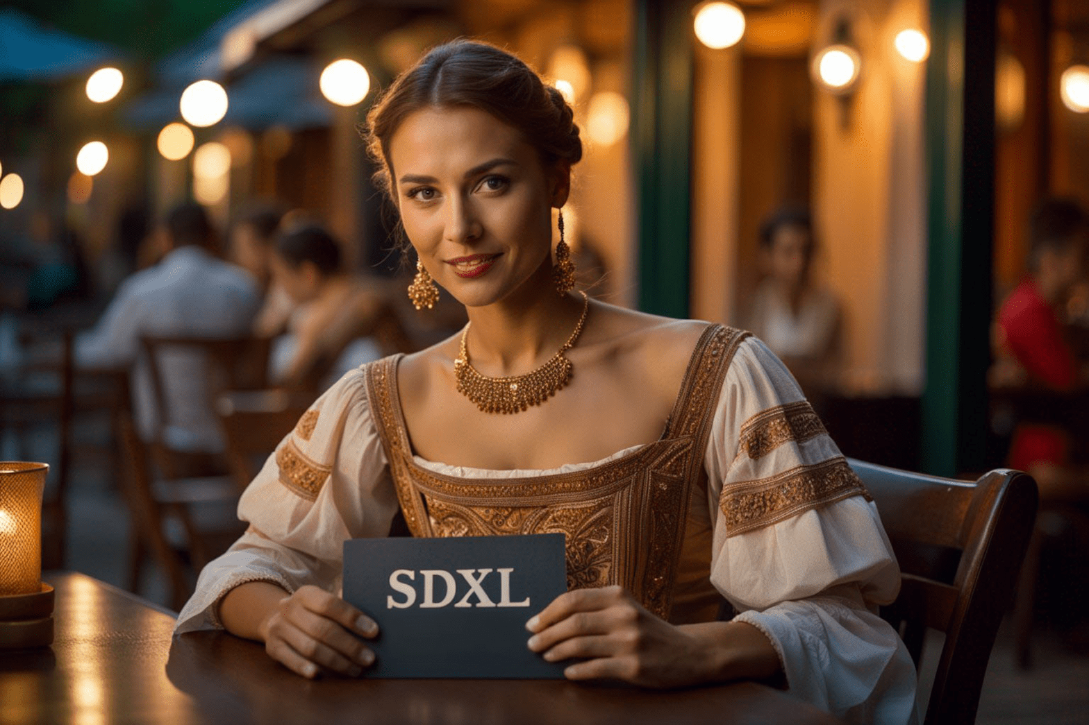 Stable Diffusion Models A Beginner S Guide Stable Diffusion Art   F 02050 2336473088 Photo Of Young Beautiful Caucasian Woman Holding A Sign Saying  SDXL  Woman With Traditional Colonial Clothing Highlight Hair 1568x1045 