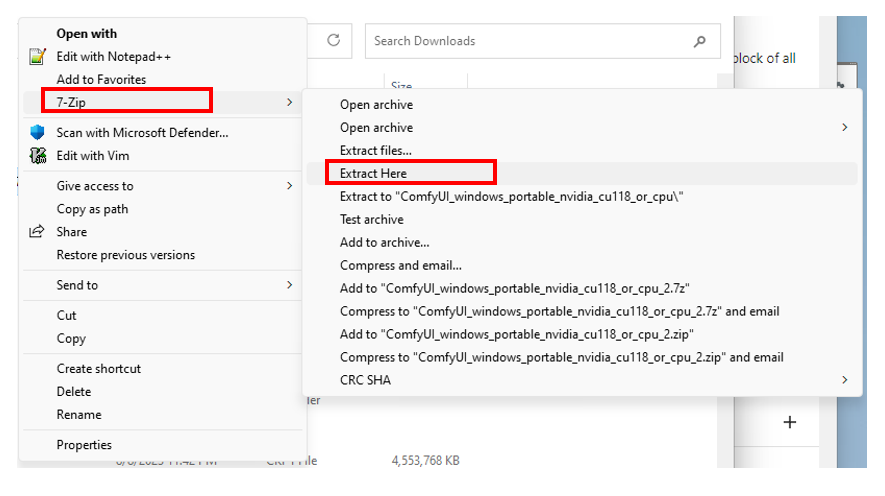 Extracting comfyUI with 7-zip