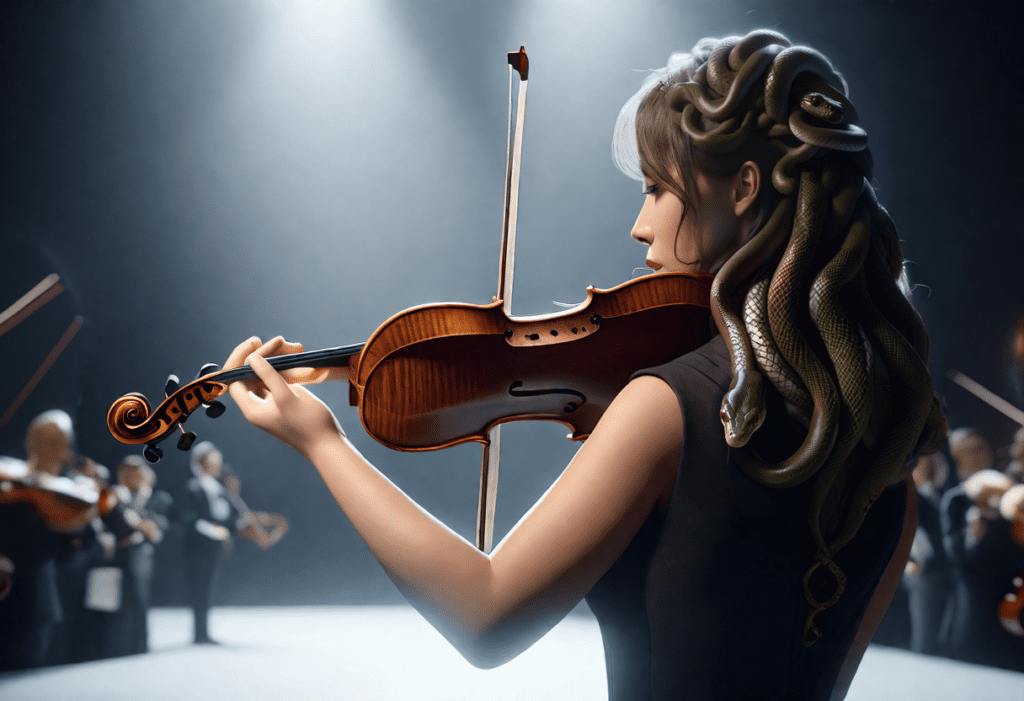A violinist hiding her snake hairs.