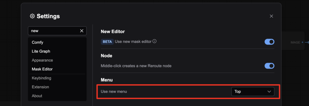 Use new menu in settings comfyui