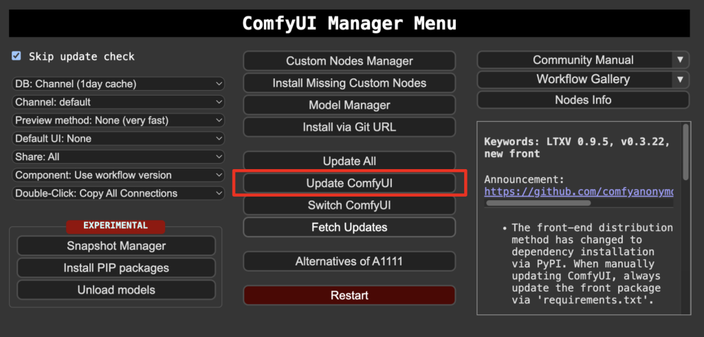 comfyui manager - update comfyui